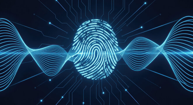 Futuristic Neon Blue Digital Waves Forming a Biometric Fingerprint