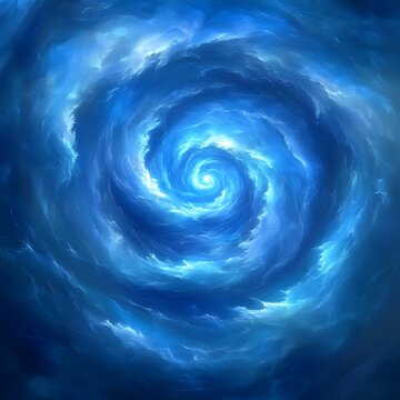 Whirlpool of ethereal blue clouds.  A spiral vortex of soft, swirling, luminous clouds in shades of blue, spiraling inward to a bright center
