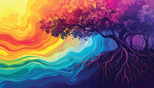 Mangrove Composition with Artistic Rainbow Gradient Full Color Spectrum from Warm - Vector Illustration