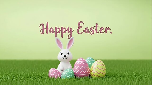 easter bunny with colorful eggs on lush green grass