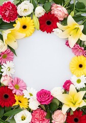 Obraz premium Floral frame composition with colorful blooms and leaves, gentle background