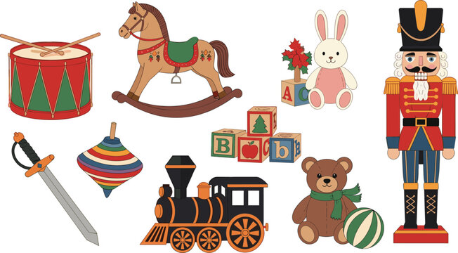 Vintage Christmas Toys Collection with Nutcracker Soldier, Rocking Horse, Drum, Train, Teddy Bear and Classic Holiday Cartoon Vector Set