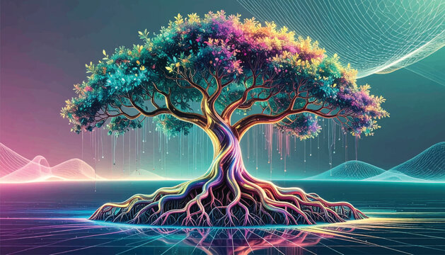 Holographic Iridescent Abstract Mangrove Roots with Color-Shifting Hologram Effect - Vector Illustration