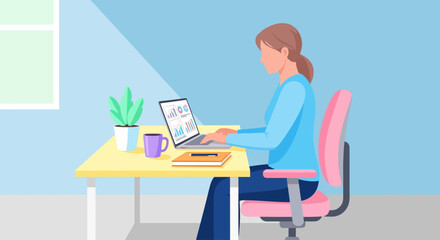 Fototapeta premium Woman working on laptop at desk with plant in a modern office setting from a side viewpoint