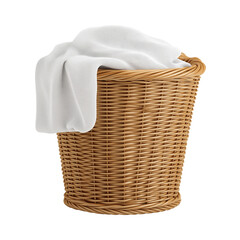 Wicker laundry hamper with white linen on white background, isolated on white, png