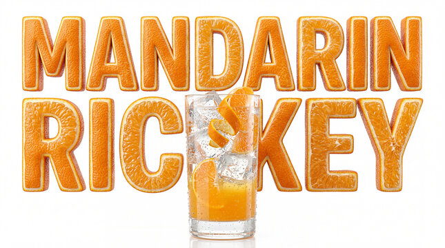 Mandarin rickey 3d cocktail and letters with mandarin and mandarin peel