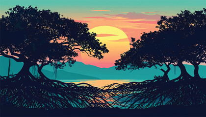 Mangrove Forest Silhouette with Trees and Roots - Vector Illustration © Jefri wahyu gunawan