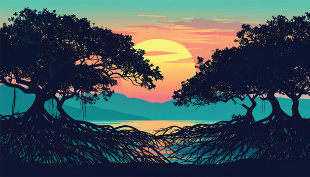 Mangrove Forest Silhouette with Trees and Roots - Vector Illustration