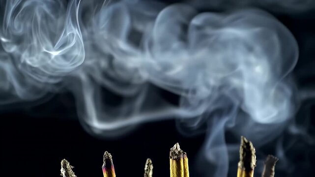 Incense sticks burning, producing swirling smoke against a dark background