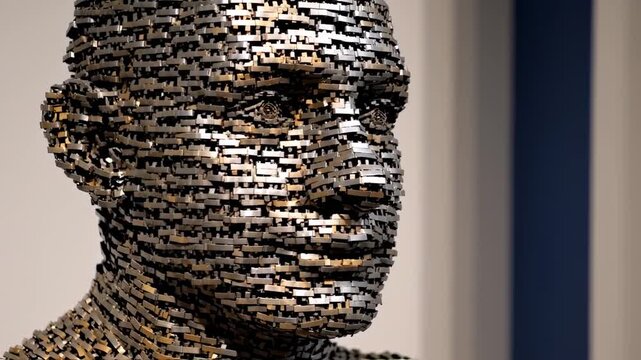 Metal sculpture of a head, composed of numerous small, rectangular metal pieces arranged in a grid pattern
