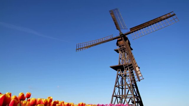 Old windmill against a clear blue sky with tulips in the foreground