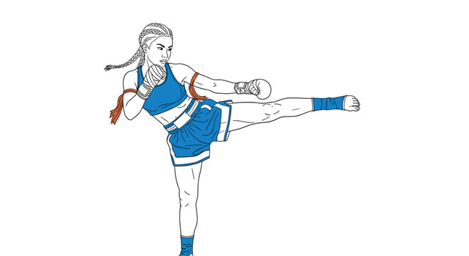 Female Muay Thai fighter in a blue uniform performing a powerful high kick with athletic form and determination against a white background.