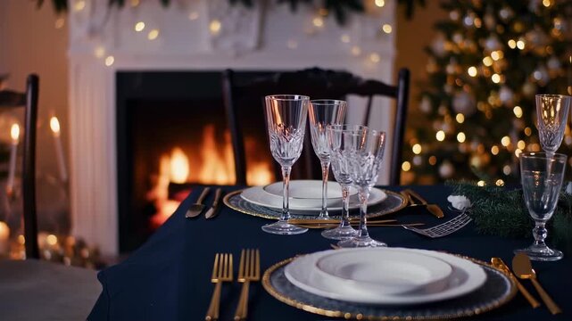 Festive dining table setting by a fireplace, with Christmas tree in the background