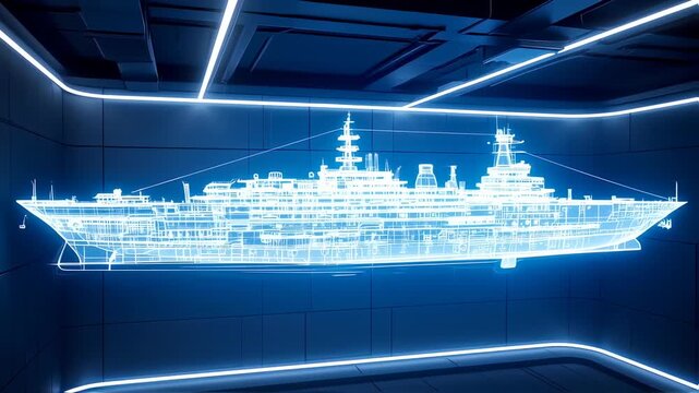 Glowing blueprint of a ship, detailed lines, in a futuristic, dark-blue room