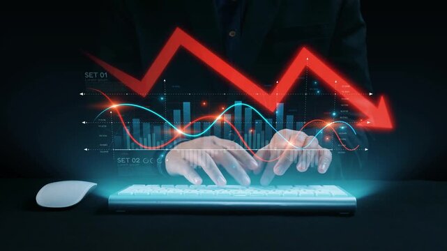 Economic caution visualized with fluctuating market graph, alert symbols, and negative data trends. Represents financial risk, market volatility, and economic uncertainty. Elide