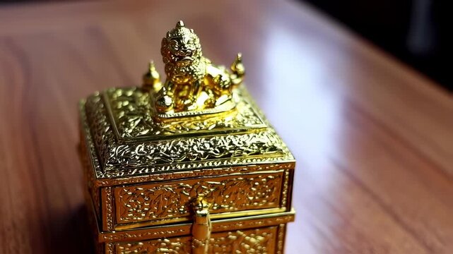Ornate gold-colored decorative box with a lion figurine on top