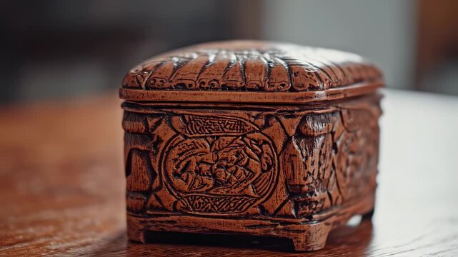 Ornate, brown wooden box with detailed carvings