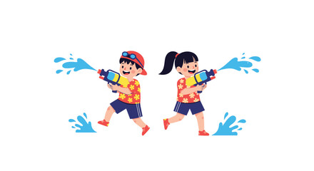 Two young children wearing floral shirts happily playing with water guns during the Songkran festival or a fun summer water fight event.