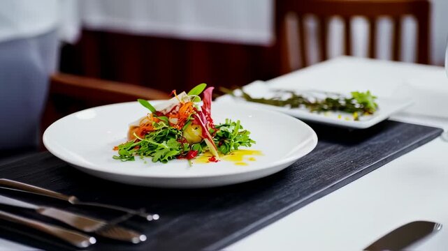 Gourmet salad presentation on a white plate, garnished with colorful vegetables and herbs, set on a dark placemat