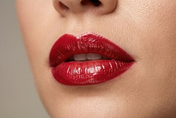 Naklejka premium Close up of woman lower face with glossy red lipstick on her lips