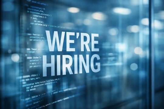 We're hiring text on blue background with coding screen recruitment concept with bokeh lights