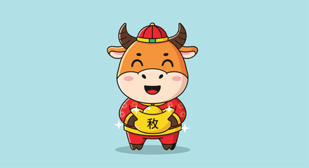 Naklejka premium Happy cartoon ox dressed in traditional red clothing holding a large gold ingot to celebrate the Chinese Lunar New Year.
