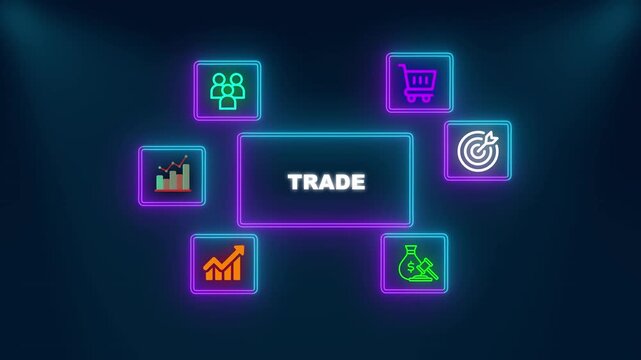 Professional business trade infographic with together text neon icons representing teamwork commerce strategy analytics financial growth global markets success
