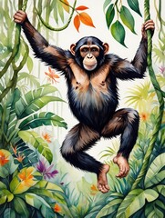 Obraz premium Chimpanzee Swinging Through Lush Jungle