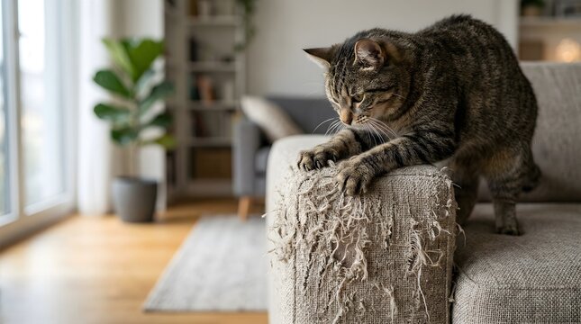 Tabby Cat Scratching Sofa Armrest at Home