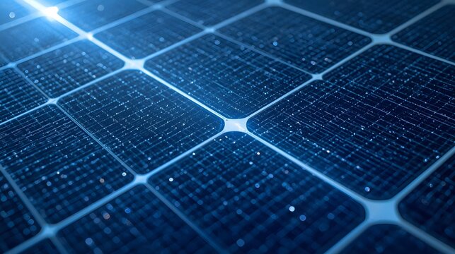 Blue Solar Panel Cell Grid Close-Up with Sun Flare for Clean Energy