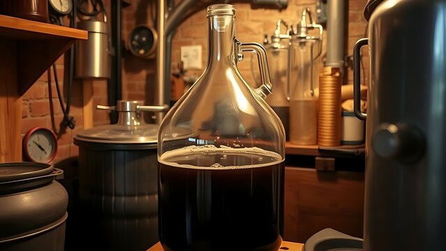 carboy. A glass carboy filled with dark liquid in a rustic workshop. safety posters, maintenance manuals, designed for precision metalworking and fabrication facilities, used by engineers.