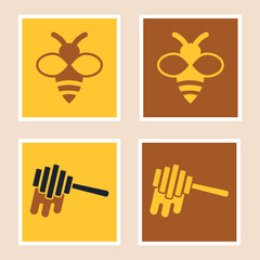 Minimal Honey Bee and Honey Dipper Icon Set in Flat Vector Style