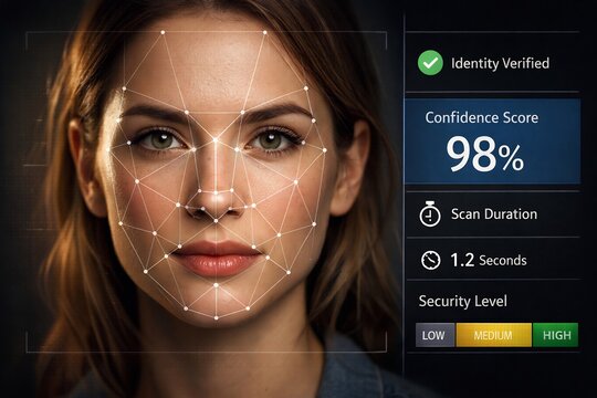 Woman's face with facial recognition scan and high confidence score on dark background