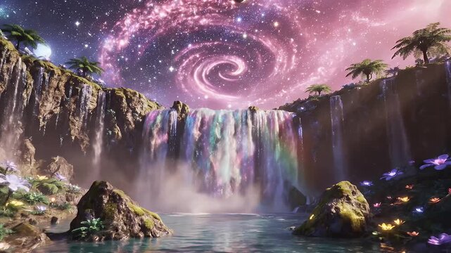 Nighttime Rainbow Waterfall with Multicolored Lights Cascading Over Mystical Cliff Basins and Mist