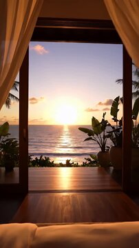 Oceanfront Balcony Sunset Suite Framed by Sheer Curtains Overlooking Tranquil Sea