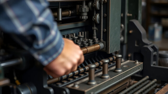 Skilled worker adjusts and maintains complex vintage printing press or typesetting machine. Detailed close-up of hands on intricate industrial components and levers.