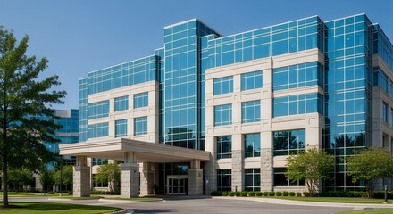Fototapeta premium Modern Glass and Stone Office Building Exterior on Sunny Day