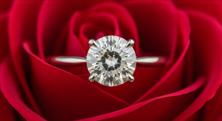 Elegant diamond solitaire ring set against a vibrant red rose backdrop.