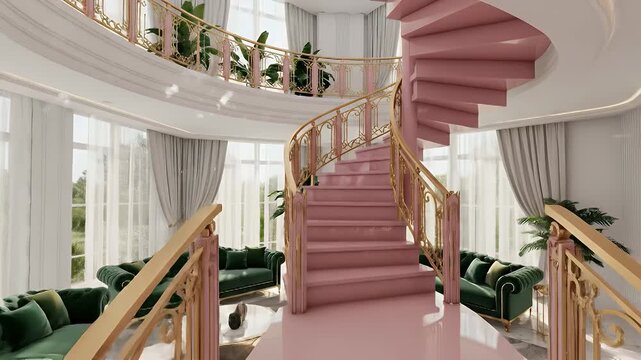 Opulent pink carpeted curved staircase dominates a bright marble lobby with emerald green velvet seating