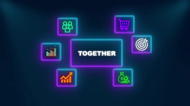 Business trade infographic together text surrounded by neon icons for teamwork, global commerce strategy, analytics, growth, finance, and success
