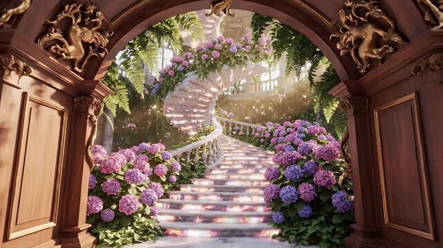 Ornate Floral Archway Framing a Sunlit Garden Path Within a Grand Indoor Conservatory Setting
