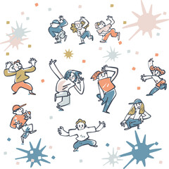 ドレッドヘアやキャップなど多様な髪型・服装の子供たち10名が踊る、星や四角のアイコンを散りばめたLo-Fiな手書き質感のダンススクール向けベクターイラストセット
