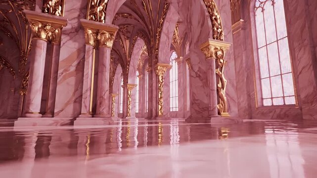 Ornate Gothic Revival Ballroom Interior with Golden Accents and Pink Light Flooding the Space