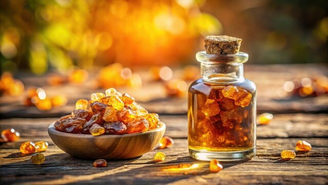 A closeup of freshly harvested guggul resin in a small bottle of guggul extract