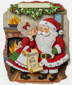 Festive Christmas Romance Whimsical Couple Sharing a Loving Kiss Under Mistletoe Beside a Warm Glowing Fireplace