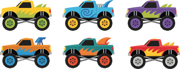 Colorful monster truck cartoon set, offroad pickup vehicles vector illustration with flame decals big wheels automotive transport design collection © LatifunNahar