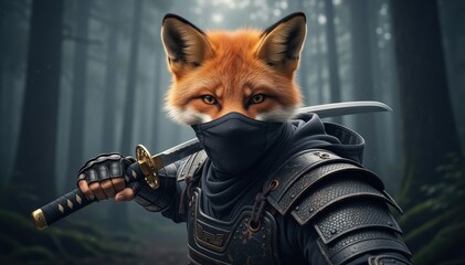 Obraz premium Ninja Fox with Katana: A determined fox, clad in ninja attire, stands poised with a gleaming katana, ready for action in a mysterious forest.