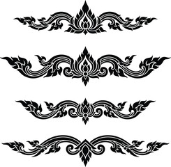 Black ornamental flourish divider set, elegant floral scroll border elements, vintage baroque filigree decoration isolated vector illustration