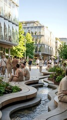 Urban pedestrian plaza with modern water feature and diverse crowd enjoying outdoor public space in contemporary city center during golden hour.