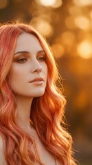Fototapeta premium Young Caucasian woman with long wavy red hair in golden hour sunlight with warm bokeh background for beauty and lifestyle content.